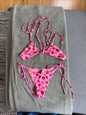 Pink Strawberry Print Tie Bikini Set
